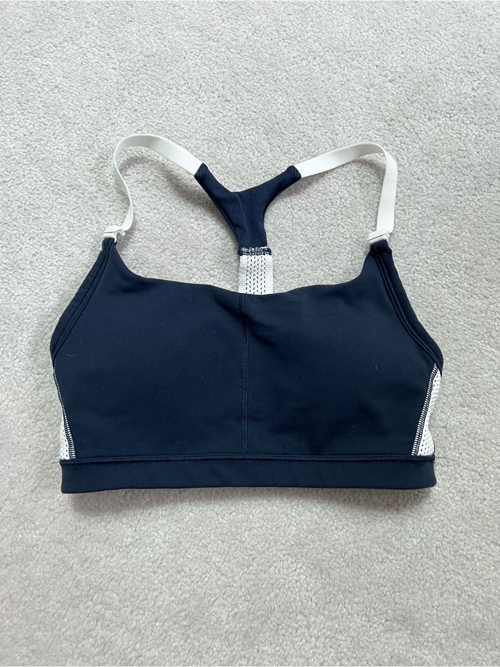 New Athleta Navy Racerback Sports Bra with White Straps